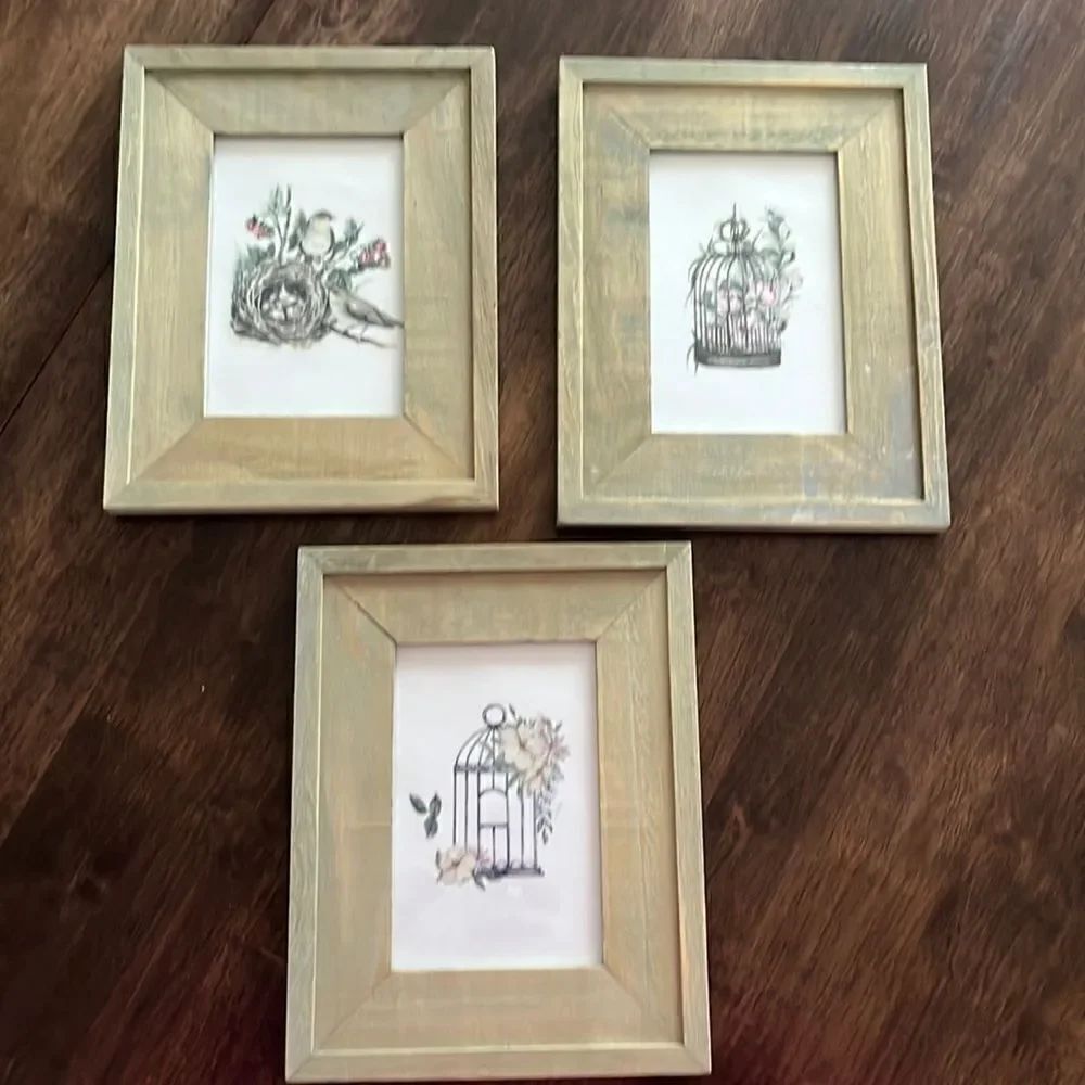 (3) Picture Frames Tan Gray Standing Farmhouse Distressed w/ Floral Transfers